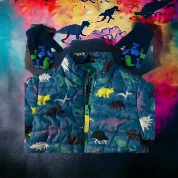 Cat & Jack Girl’s Dinosaur Coat & Mittens - Picture 3 of 7